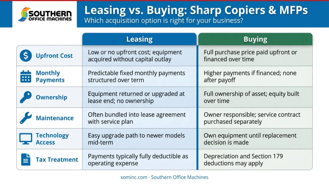 Copier lease versus buy side-by-side comparison chart six key factors