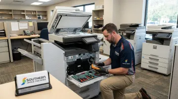 Factory-trained technician servicing Sharp multifunction copier equipment