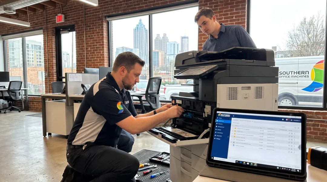 Southern Office Machines technician servicing multifunction printer document management system