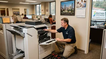 Southern Office Machines technician servicing multifunction printer for Atlanta business