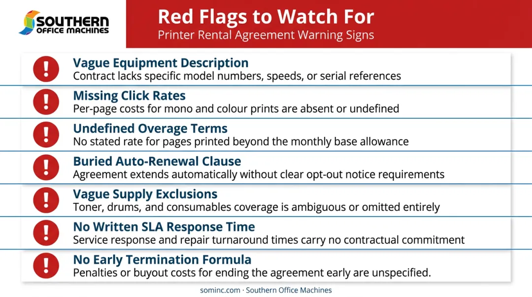 Seven printer rental agreement red flags warning signs checklist infographic