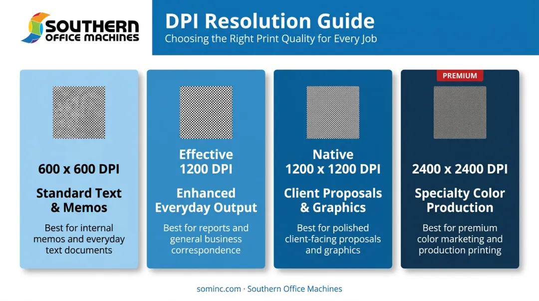 Comparison chart of printer DPI resolution tiers and best use cases