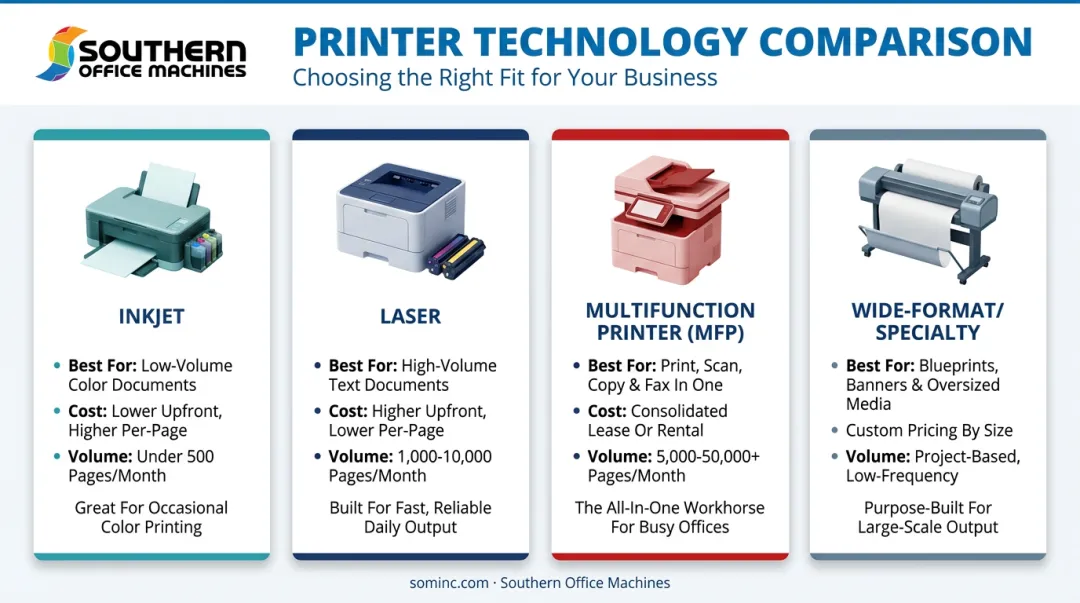 Four types of business printers compared by technology speed and cost