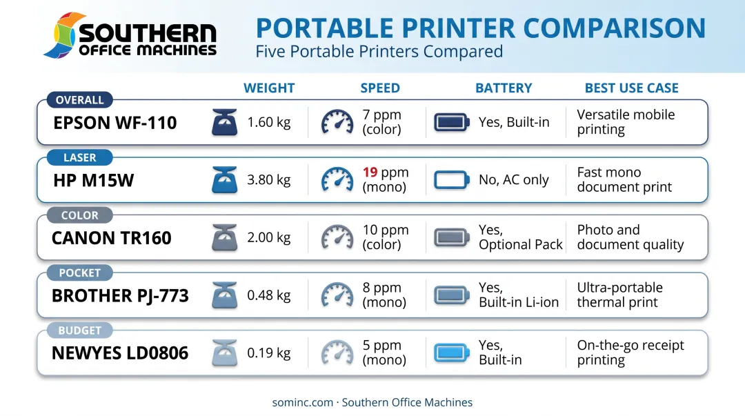 Five portable printer models compared by weight speed and battery life