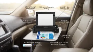 Compact battery-powered inkjet printer producing document on wooden desk