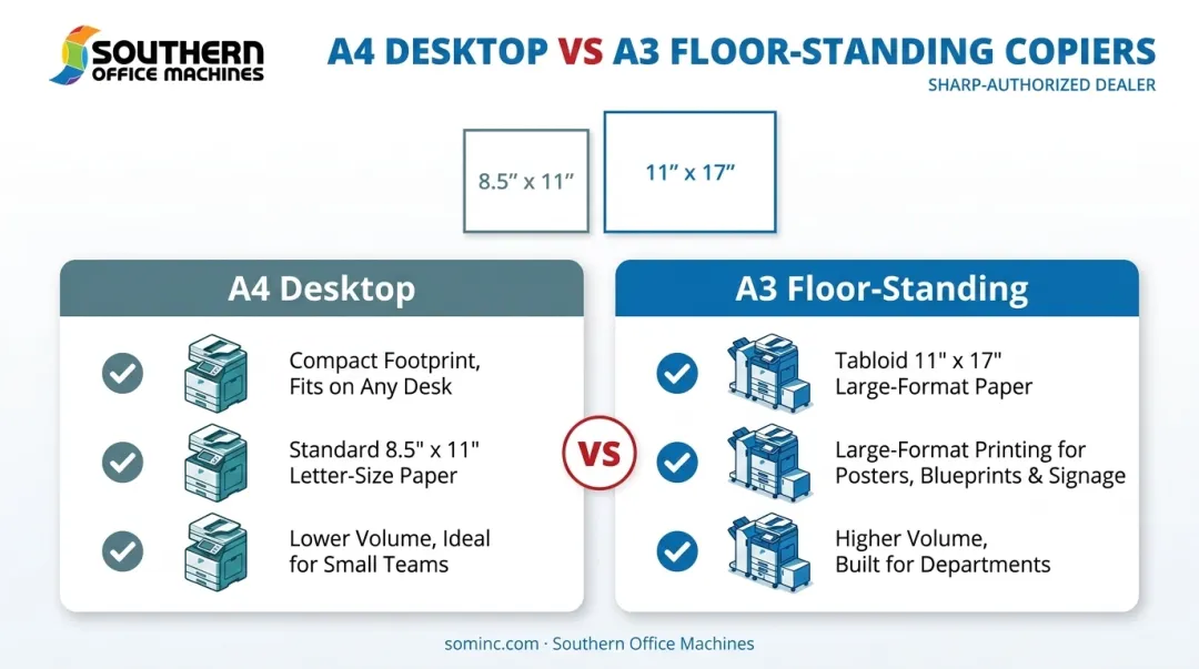 A4 desktop versus A3 floor-standing copier size comparison chart