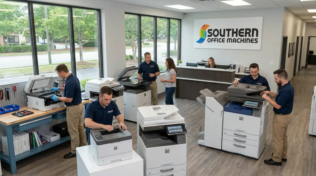 Southern Office Machines showroom displaying Sharp copier lineup and technicians