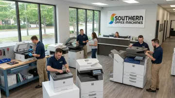 Southern Office Machines showroom displaying Sharp copier lineup and technicians