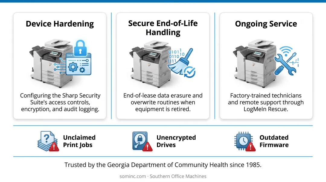 Technician configuring Sharp multifunction printer security settings for HIPAA compliance