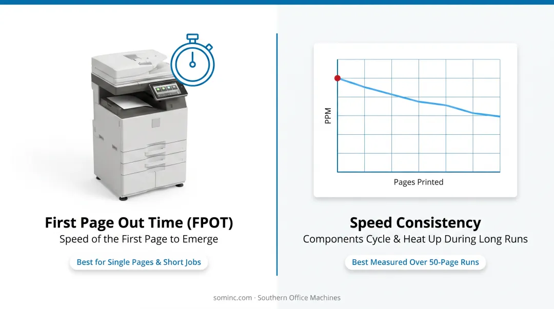 First Page Out Time versus sustained PPM speed comparison chart