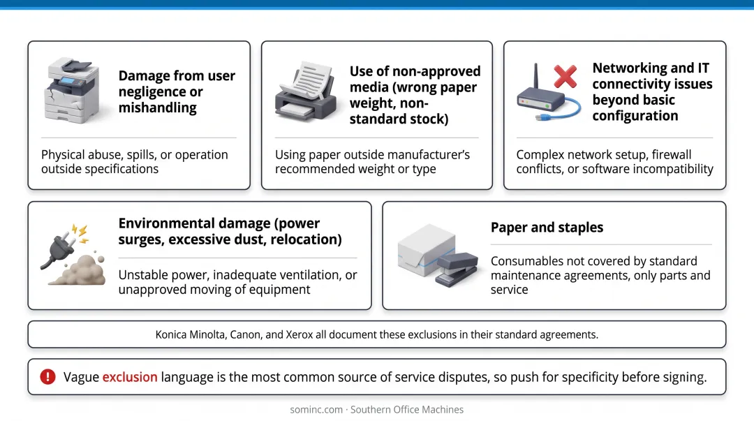 Photocopier service contract covered versus excluded items side-by-side comparison