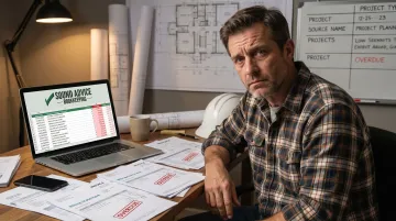 Stressed construction business owner reviewing overdue invoices and cash flow paperwork at desk