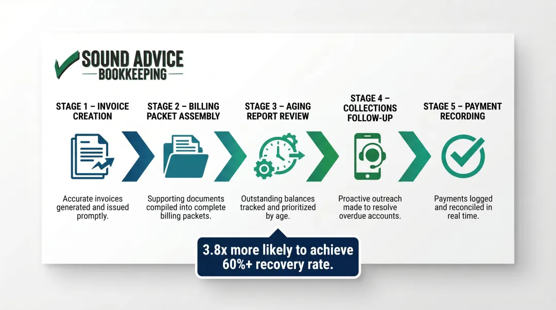 Construction AR outsourcing process flow from invoice creation to payment collection