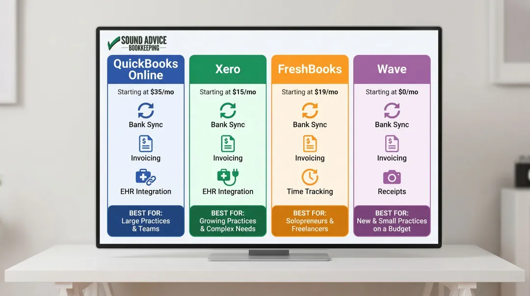 Four bookkeeping software options for therapists compared by price features and integrations