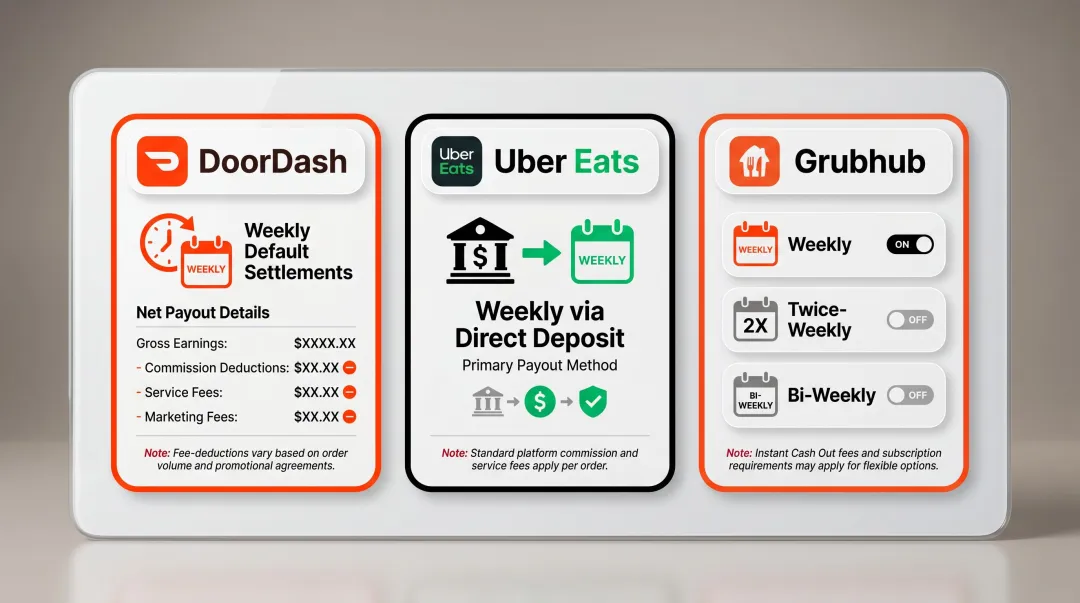 DoorDash Uber Eats and Grubhub payout schedule comparison infographic for restaurants