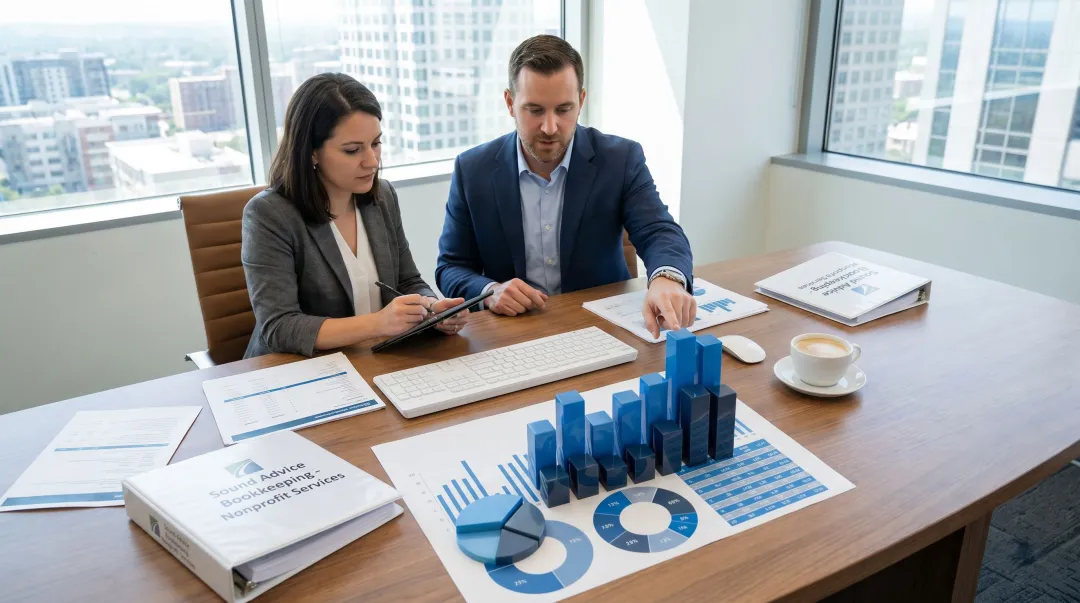 Sound Advice Bookkeeping consultant reviewing nonprofit financial statements with client