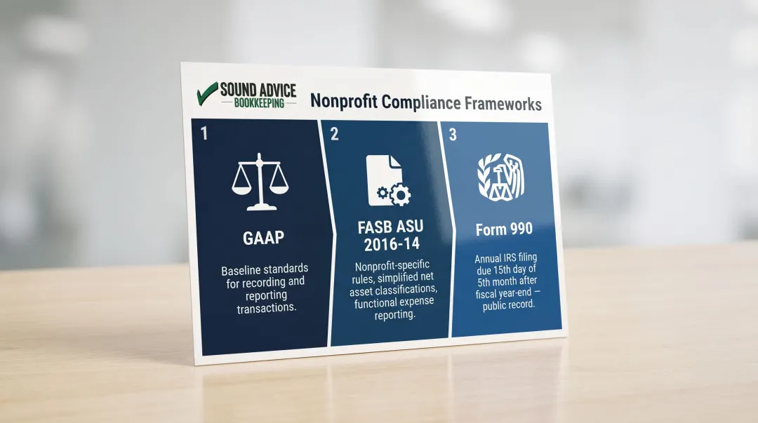 Three nonprofit compliance frameworks GAAP FASB and Form 990 overview infographic