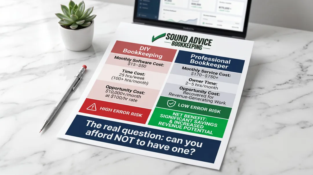 DIY bookkeeping versus professional bookkeeper cost and time ROI comparison