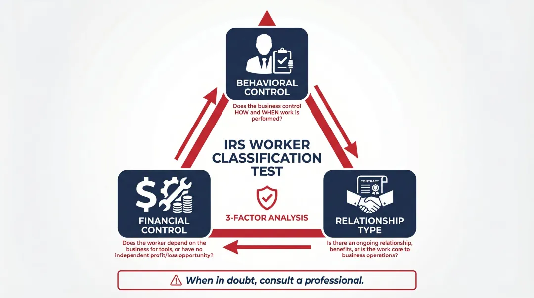 IRS three-factor worker classification test employee versus independent contractor