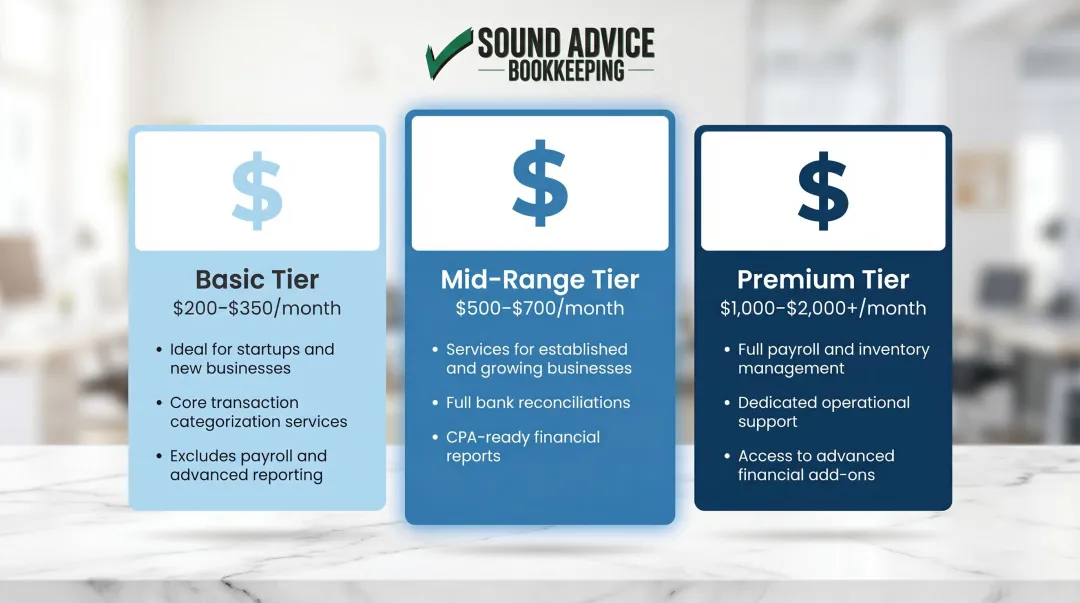 Three-tier bookkeeping pricing breakdown from basic to premium monthly costs