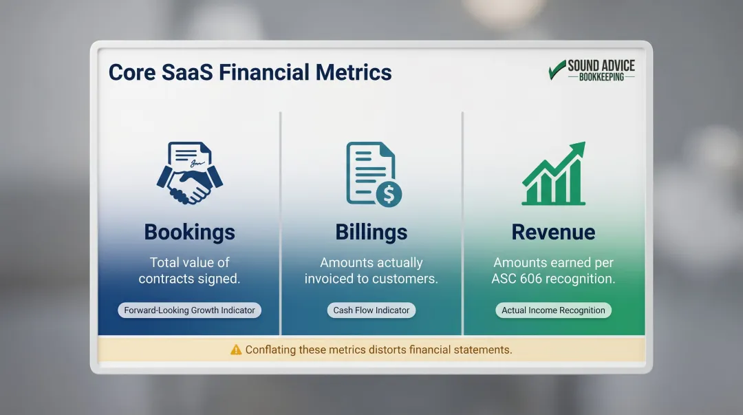 SaaS bookings billings and revenue three-metric distinction comparison infographic