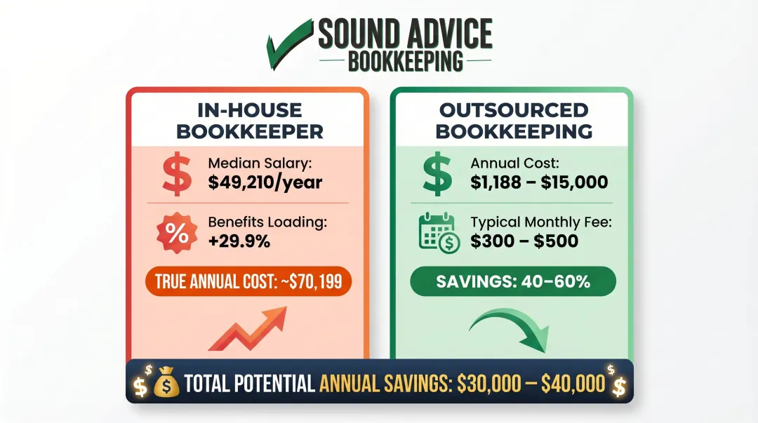 In-house bookkeeper versus outsourced bookkeeping annual cost comparison breakdown