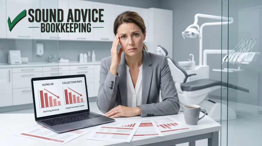 Dental practice owner reviewing aging accounts receivable report showing revenue loss