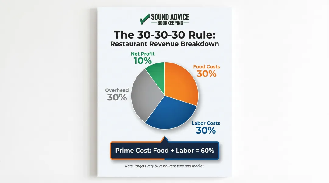 Restaurant 30-30-30 rule revenue breakdown food labor overhead and profit