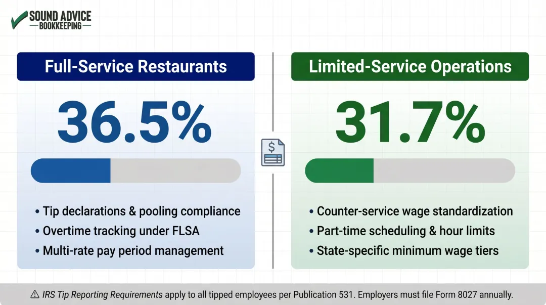 Restaurant labor cost benchmarks full-service versus limited-service operations 2024