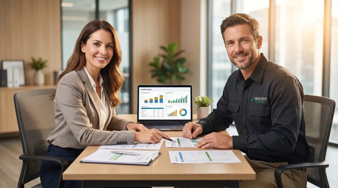 Professional bookkeeper consulting with HVAC business owner reviewing financial reports