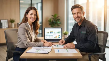 Professional bookkeeper consulting with HVAC business owner reviewing financial reports