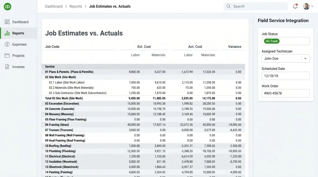 QuickBooks dashboard integrated with field service management software showing job cost data