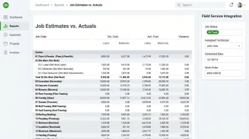 QuickBooks dashboard integrated with field service management software showing job cost data