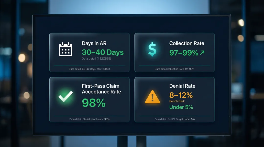Four key RCM metrics dashboard infographic with targets for medical practices