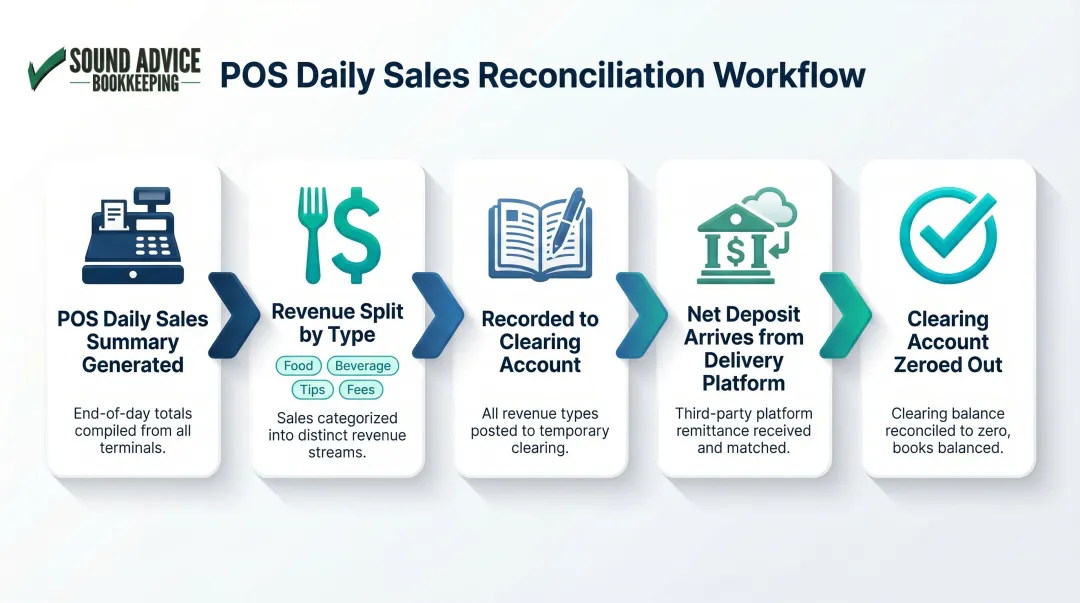 Daily restaurant POS reconciliation process flow clearing account method steps