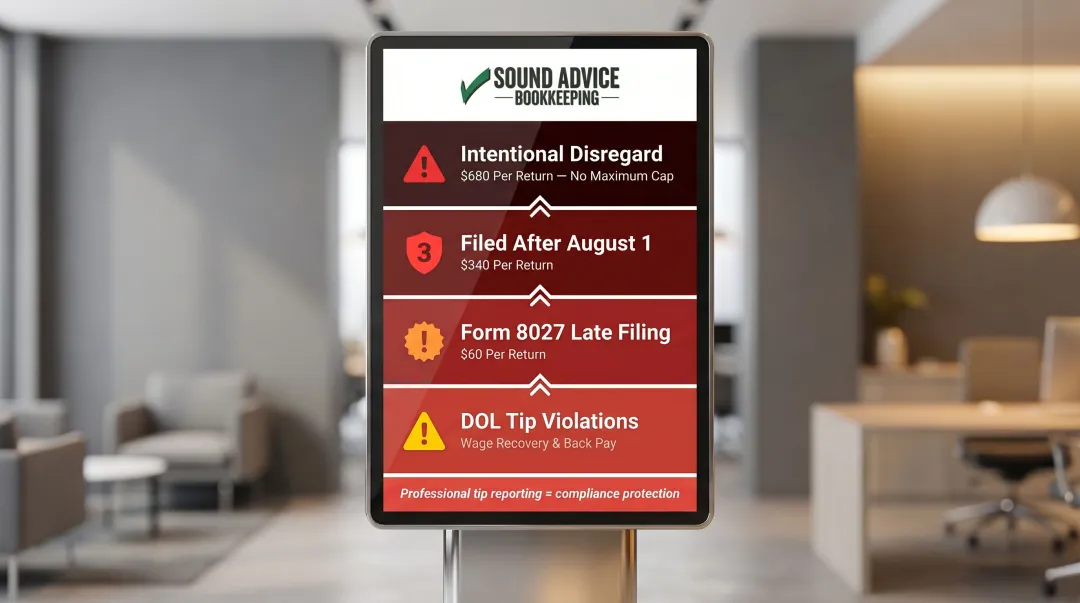 IRS and DOL tip compliance penalties four-tier severity scale infographic