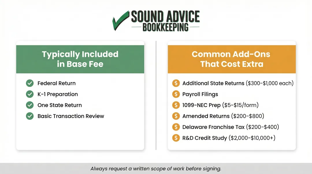 Startup tax preparation base fees versus common add-on charges side-by-side breakdown