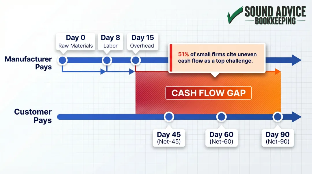 Manufacturing cash flow gap timeline showing extended payment terms versus immediate supplier costs