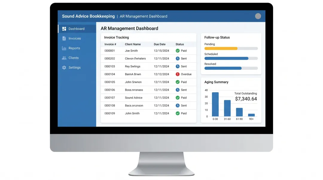 Bookkeeping service dashboard showing AR follow-up workflow and invoice tracking metrics