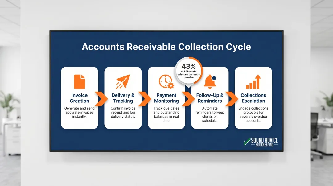 AR collection cycle showing 5 stages from invoice to payment receipt