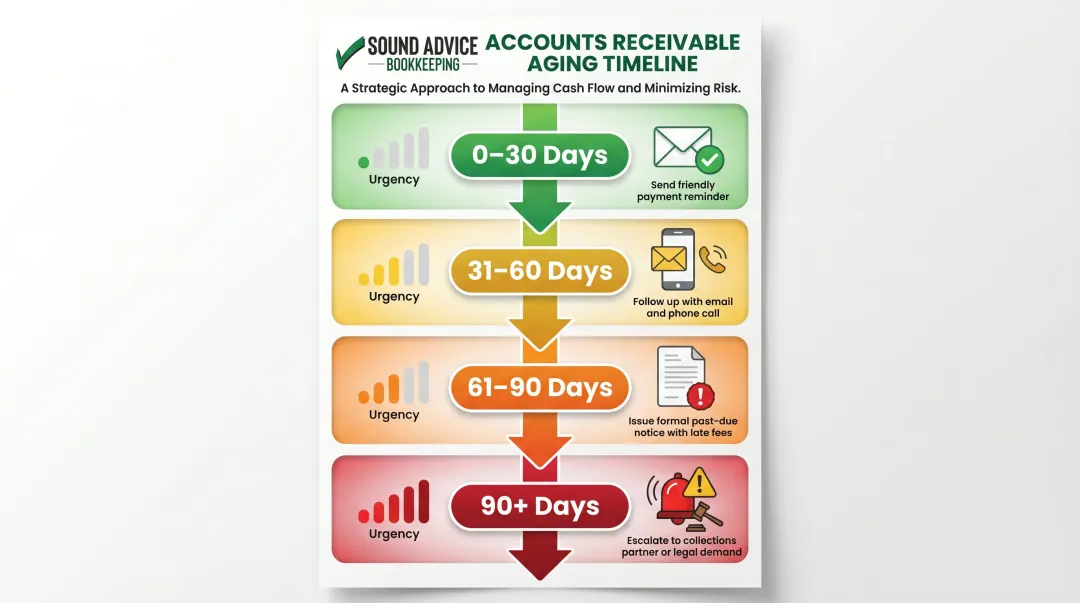 Accounts receivable aging report action steps for 0 to 90 plus days overdue