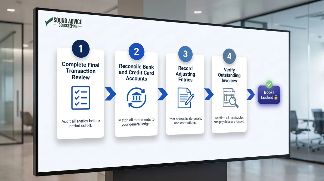 Four-step month-end bookkeeping close sequence checklist process flow infographic