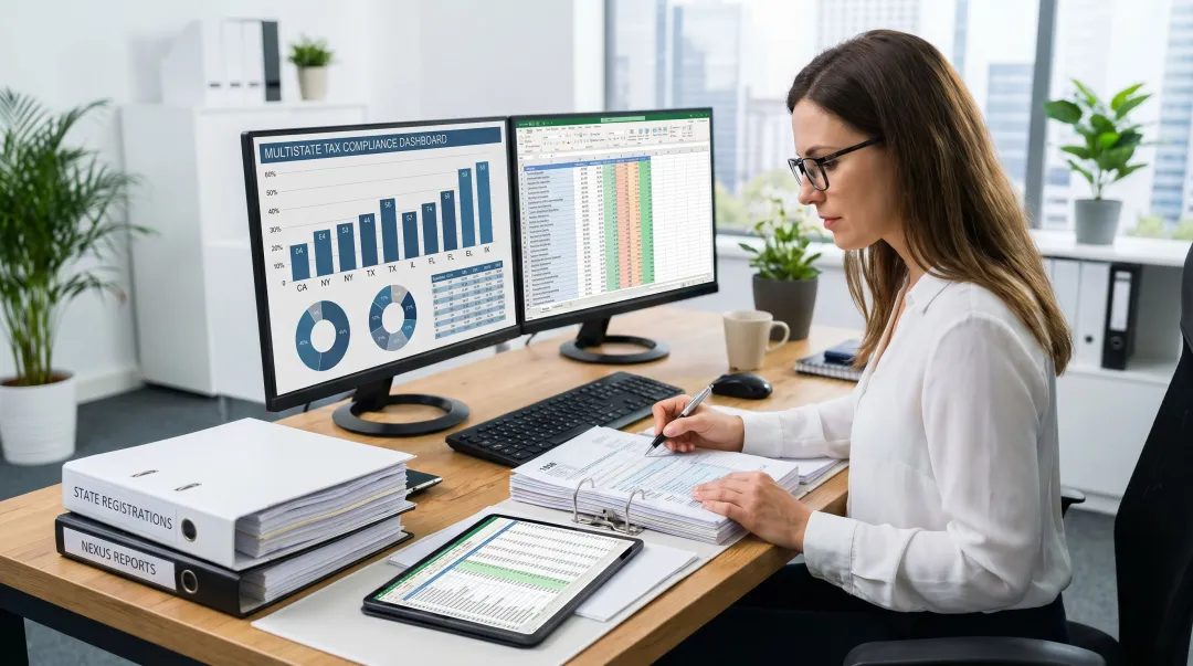 Sound Advice Bookkeeping professional reviewing multistate sales tax compliance records and reports