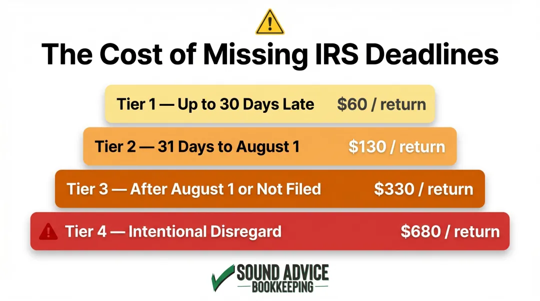 IRS late information return penalty tiers escalating cost breakdown infographic