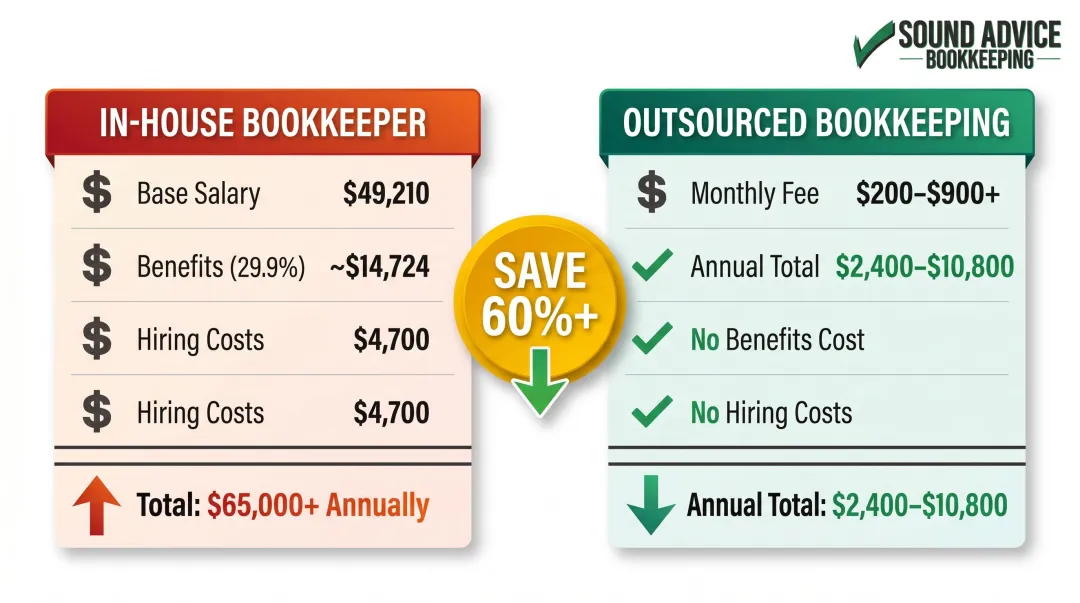 In-house bookkeeper versus outsourced bookkeeping annual cost comparison for startups