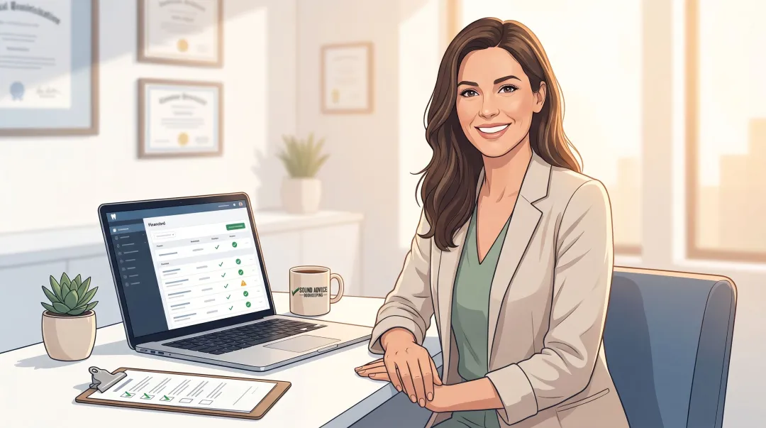 Dental practice owner reviewing outsourced AP provider checklist on laptop computer