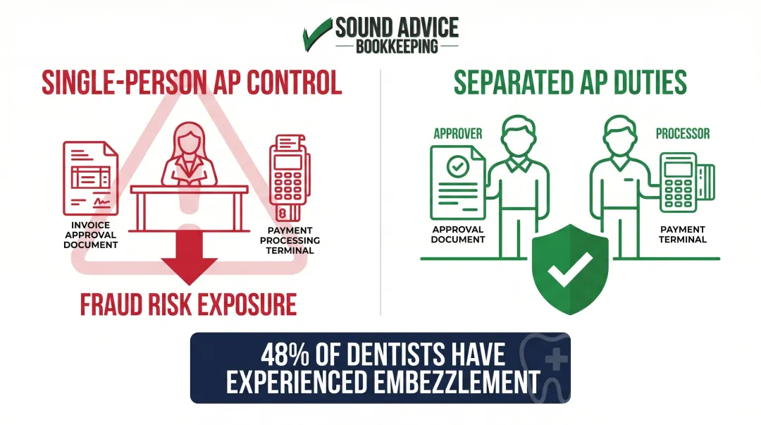 Dental practice AP fraud risk separation of duties breakdown infographic