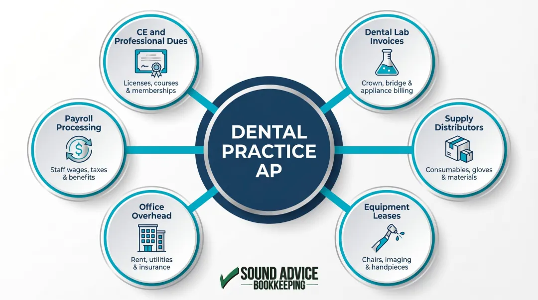 Six dental practice accounts payable vendor categories overview infographic