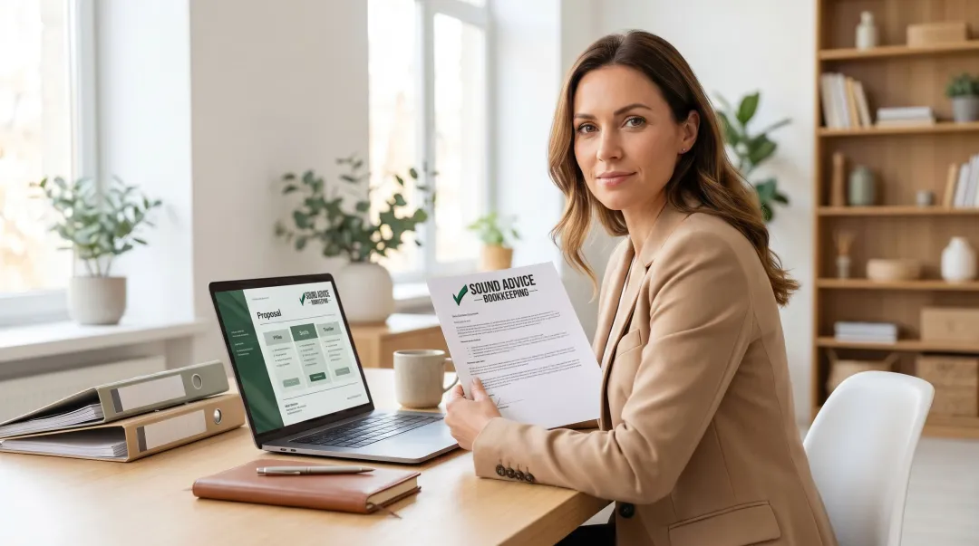 Small business owner carefully reviewing remote bookkeeper credentials and pricing proposal on laptop