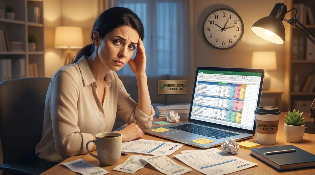 Small business owner overwhelmed by DIY bookkeeping paperwork losing valuable work hours